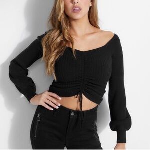 Guess Julia’s Black Ruched V-Neck Cropped Sweater